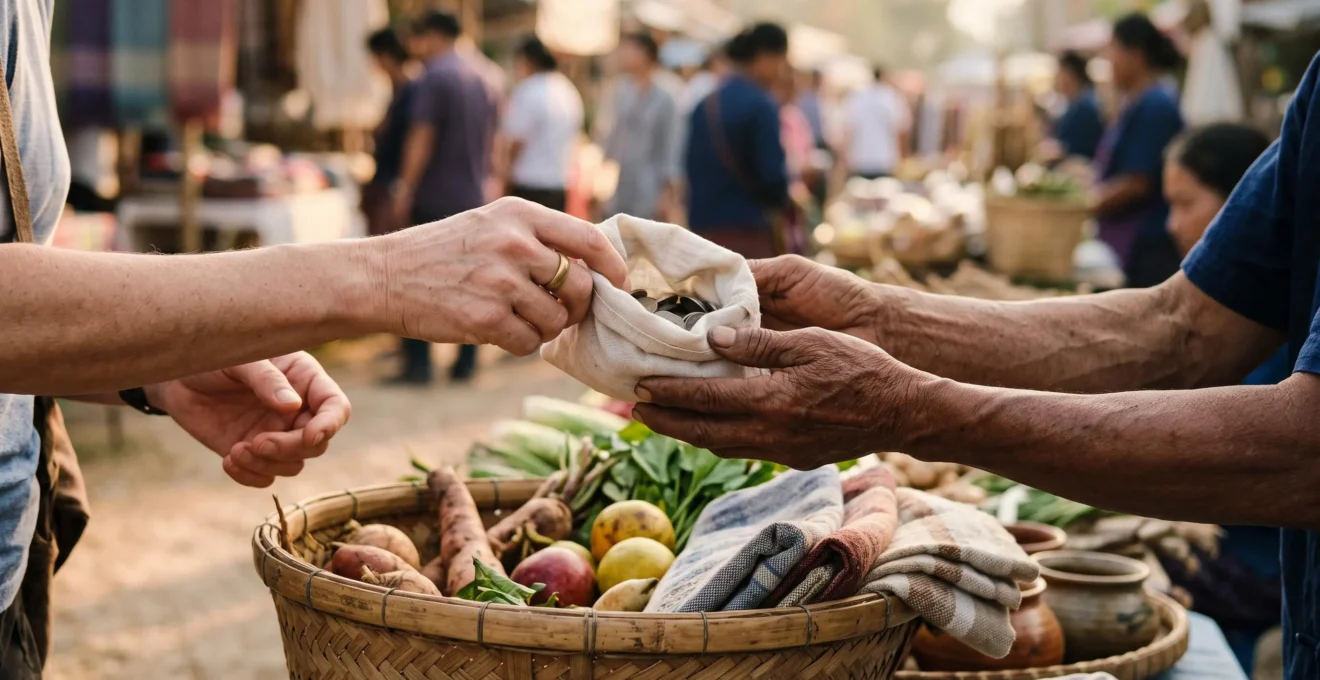 Échange direct et symbolique entre un voyageur et un artisan local illustrant la redistribution transparente des revenus du tourisme