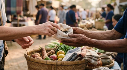Échange direct et symbolique entre un voyageur et un artisan local illustrant la redistribution transparente des revenus du tourisme