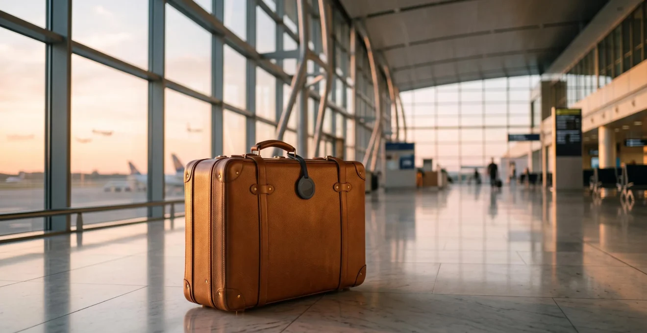 Valise élégante avec une balise de localisation discrète sur sa poignée dans un terminal d'aéroport baigné de lumière dorée