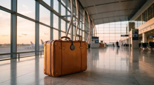 Valise élégante avec une balise de localisation discrète sur sa poignée dans un terminal d'aéroport baigné de lumière dorée