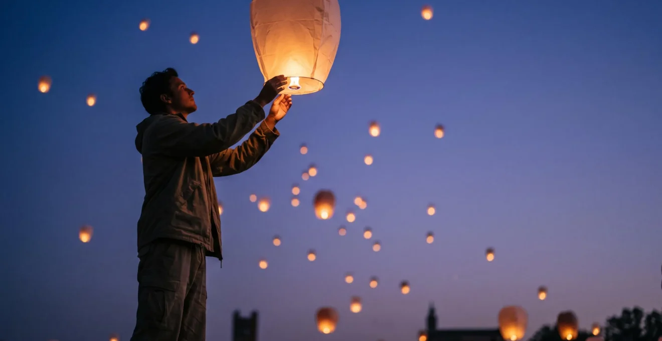 Silhouette d'une personne relachant une lanterne lumineuse dans un ciel crepusculaire lors d'une celebration folklorique