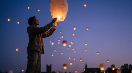 Silhouette d'une personne relachant une lanterne lumineuse dans un ciel crepusculaire lors d'une celebration folklorique