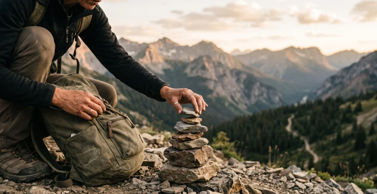 Un voyageur empile délicatement des galets en équilibre sur un sentier naturel, symbole des engagements personnels d'un voyage responsable