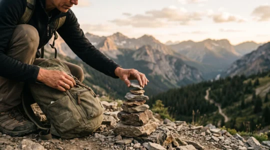 Un voyageur empile délicatement des galets en équilibre sur un sentier naturel, symbole des engagements personnels d'un voyage responsable