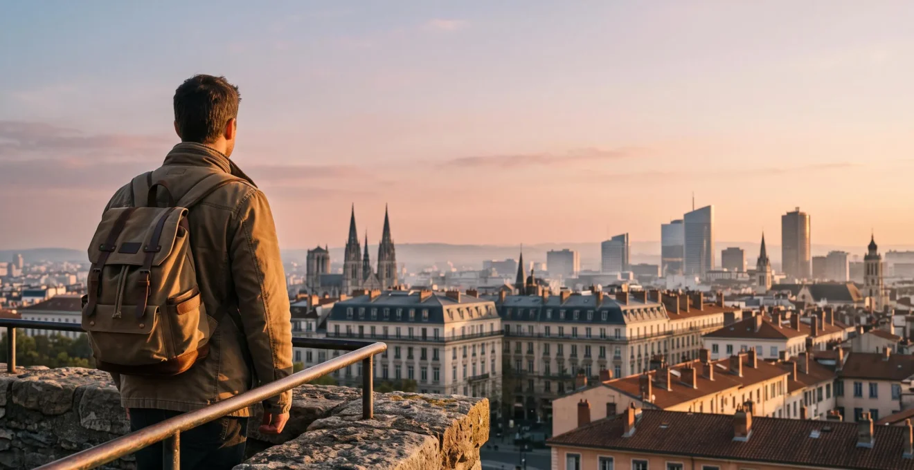 Voyageur contemplant un horizon urbain européen mêlant architecture gothique, moderne et méditerranéenne au coucher du soleil