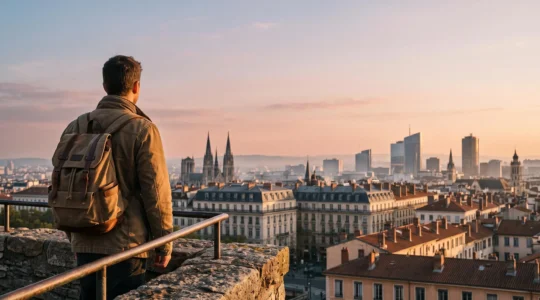 Voyageur contemplant un horizon urbain européen mêlant architecture gothique, moderne et méditerranéenne au coucher du soleil