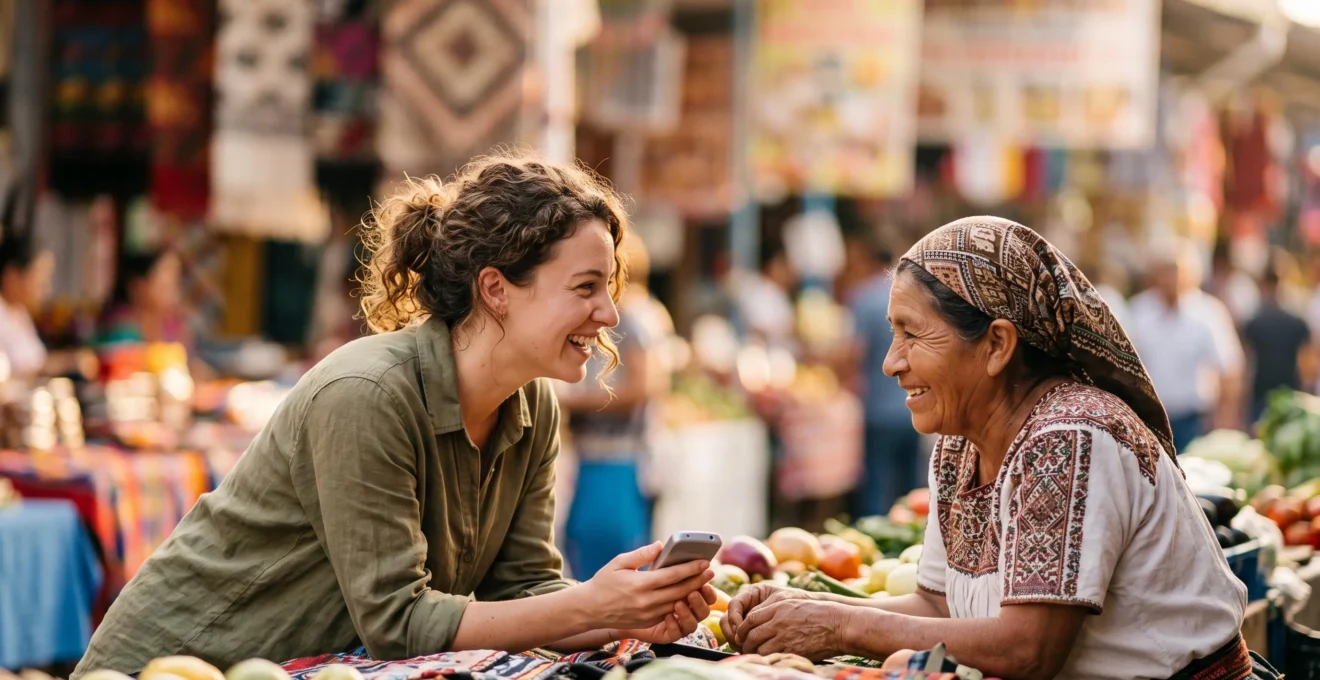 Deux voyageurs de cultures differentes echangeant un sourire complice grace a un traducteur vocal lors d'un voyage