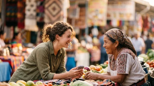 Deux voyageurs de cultures differentes echangeant un sourire complice grace a un traducteur vocal lors d'un voyage