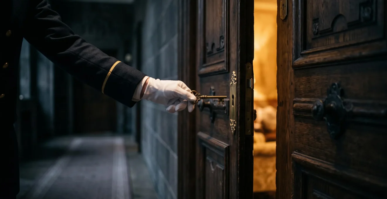 Main gantee d'un concierge d'hotel tendant une cle ornee devant une porte imposante symbolisant l'acces a l'inaccessible