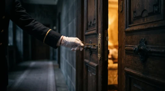 Main gantee d'un concierge d'hotel tendant une cle ornee devant une porte imposante symbolisant l'acces a l'inaccessible