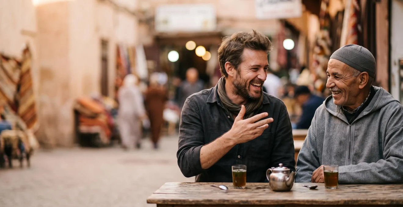 Un voyageur et un habitant partageant un moment de rire sincère autour d'une table simple, symbole d'une connexion humaine authentique au-delà du tourisme