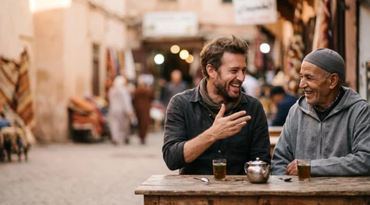 Un voyageur et un habitant partageant un moment de rire sincère autour d'une table simple, symbole d'une connexion humaine authentique au-delà du tourisme