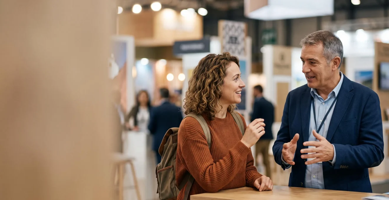 Un voyageur échangeant en toute confiance avec un expert du tourisme lors d'un salon professionnel