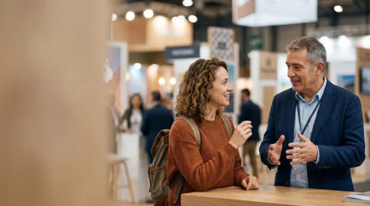 Un voyageur échangeant en toute confiance avec un expert du tourisme lors d'un salon professionnel