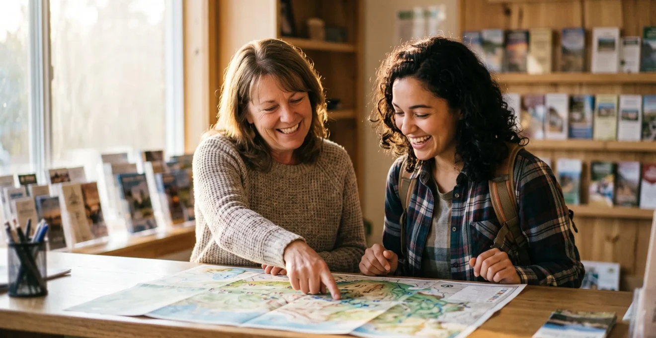 Échange complice entre un voyageur et une conseillère en office de tourisme, penchés ensemble sur une carte dessinée à la main