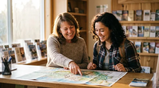 Échange complice entre un voyageur et une conseillère en office de tourisme, penchés ensemble sur une carte dessinée à la main