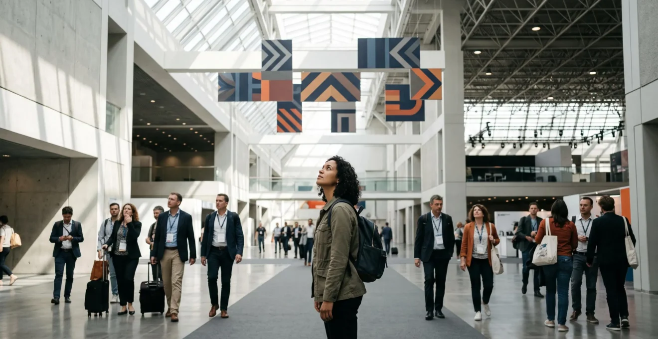 Vue large d'un immense hall de salon touristique avec des visiteurs cherchant leur chemin sous une signalétique suspendue abstraite
