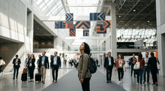 Vue large d'un immense hall de salon touristique avec des visiteurs cherchant leur chemin sous une signalétique suspendue abstraite