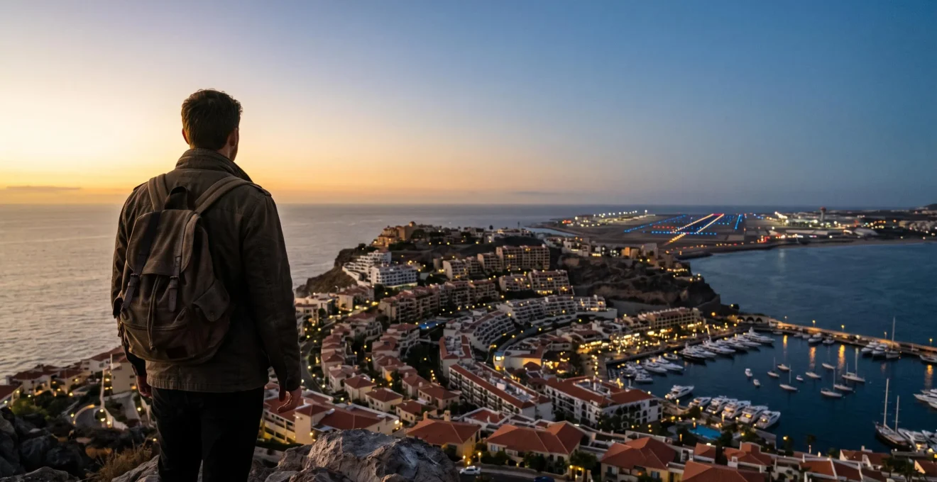 Voyageur observant une ville touristique complexe et lumineuse depuis un point de vue en hauteur, symbolisant la découverte des mécanismes cachés de l'industrie touristique