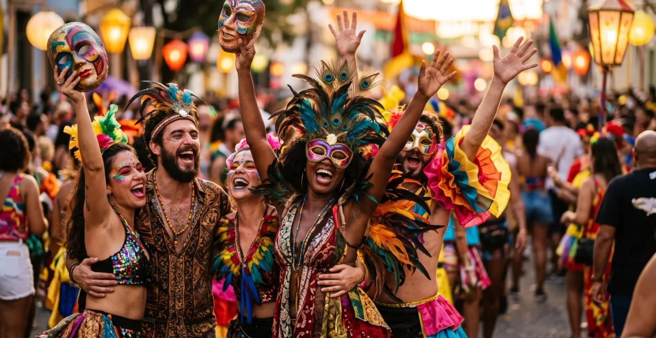 Groupe de participants costumes vivant pleinement un carnaval, incarnant l'esprit d'acteur plutot que de simple spectateur