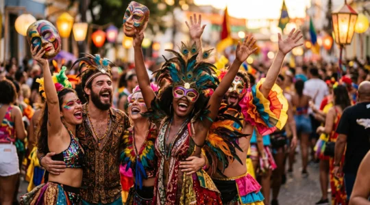 Groupe de participants costumes vivant pleinement un carnaval, incarnant l'esprit d'acteur plutot que de simple spectateur