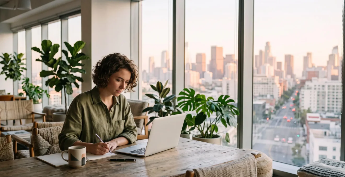Professionnel installe a un bureau lumineux dans un espace de coworking a l'etranger, ordinateur portable ouvert face a une grande baie vitree donnant sur un paysage urbain inconnu