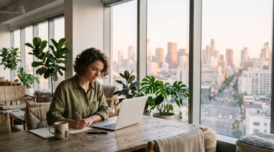 Professionnel installe a un bureau lumineux dans un espace de coworking a l'etranger, ordinateur portable ouvert face a une grande baie vitree donnant sur un paysage urbain inconnu