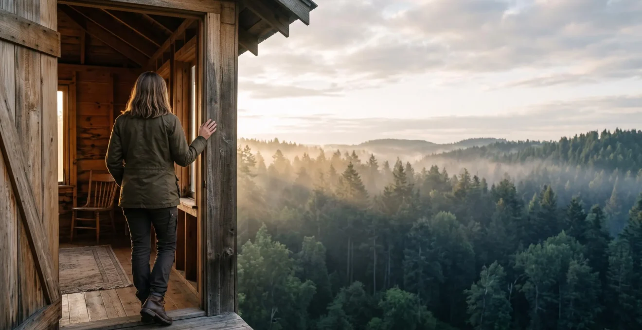 Silhouette d'un voyageur au seuil d'une cabane en bois perchée, contemplant une forêt embrumée au lever du jour, symbole d'un hébergement insolite alliant confort et émerveillement