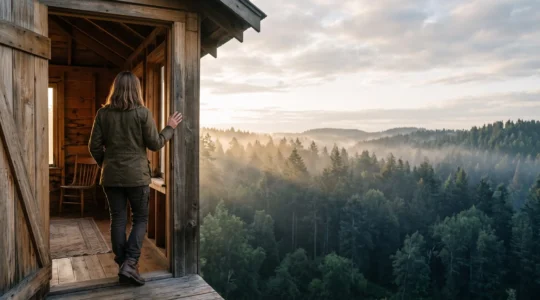 Silhouette d'un voyageur au seuil d'une cabane en bois perchée, contemplant une forêt embrumée au lever du jour, symbole d'un hébergement insolite alliant confort et émerveillement