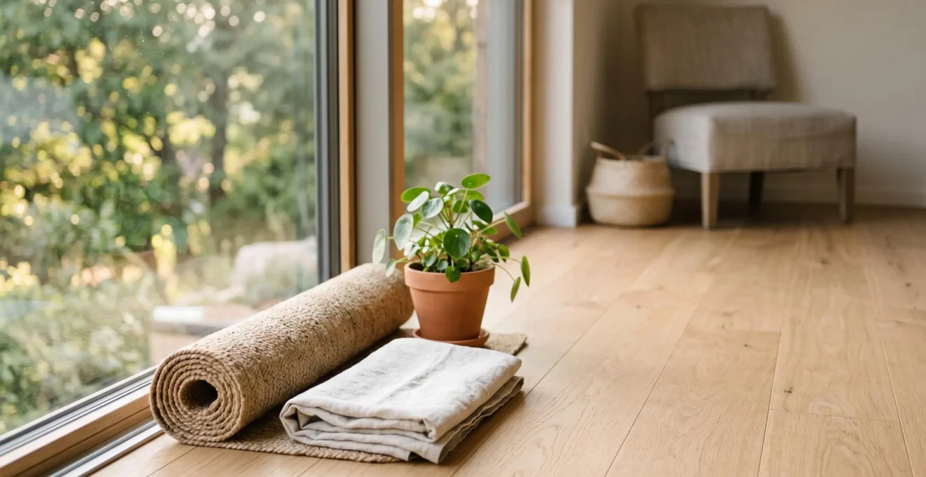 Espace de bien-être dans un hôtel avec tapis de yoga face à une grande baie vitrée donnant sur la nature