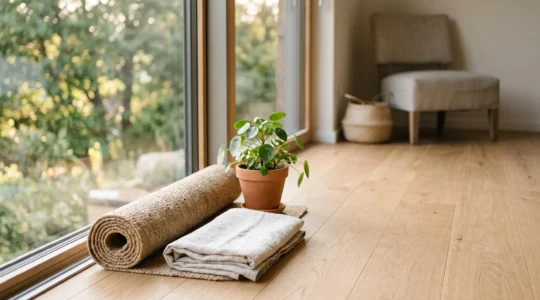 Espace de bien-être dans un hôtel avec tapis de yoga face à une grande baie vitrée donnant sur la nature
