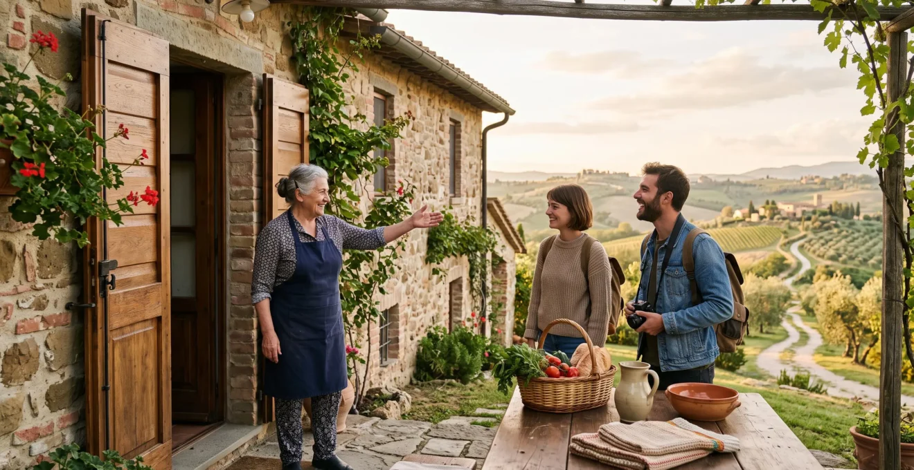Un hote de gite accueillant chaleureusement des voyageurs sur le pas de la porte d'une maison de campagne au coucher du soleil