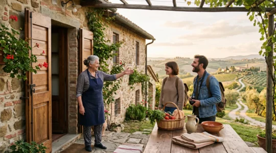 Un hote de gite accueillant chaleureusement des voyageurs sur le pas de la porte d'une maison de campagne au coucher du soleil