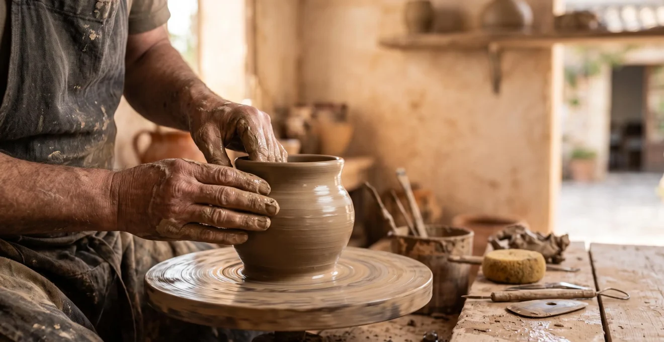 Mains d'un artisan potier façonnant une pièce de céramique unique sur un tour, dans un atelier baigné de lumière naturelle, symbole d'un stage de céramique à l'étranger