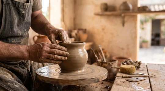 Mains d'un artisan potier façonnant une pièce de céramique unique sur un tour, dans un atelier baigné de lumière naturelle, symbole d'un stage de céramique à l'étranger