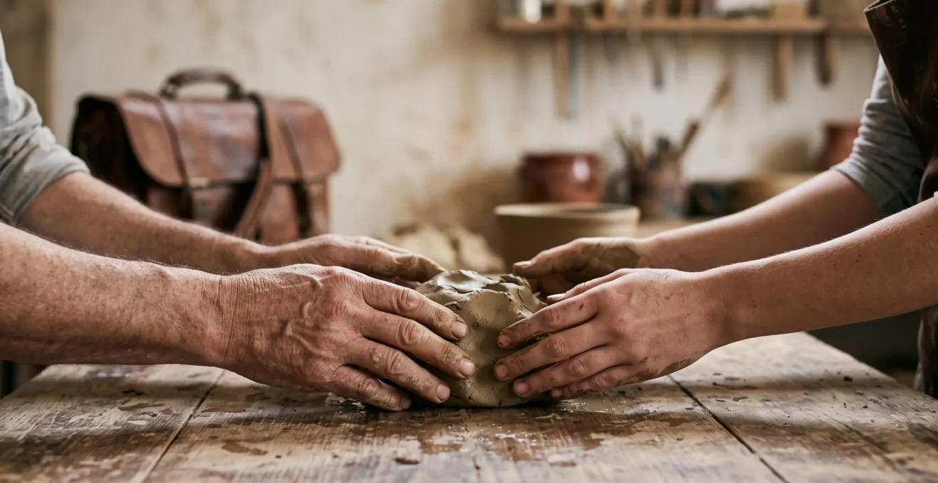Mains d'un voyageur débutant façonnant de l'argile aux côtés d'un artisan expérimenté dans un atelier traditionnel