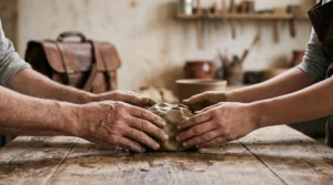 Mains d'un voyageur débutant façonnant de l'argile aux côtés d'un artisan expérimenté dans un atelier traditionnel