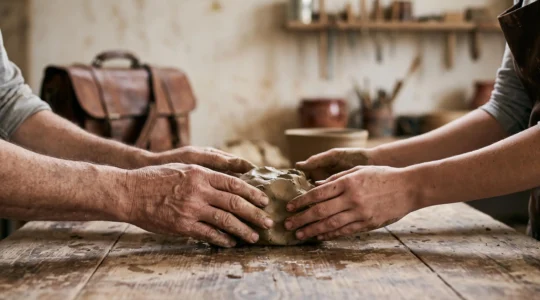 Mains d'un voyageur débutant façonnant de l'argile aux côtés d'un artisan expérimenté dans un atelier traditionnel