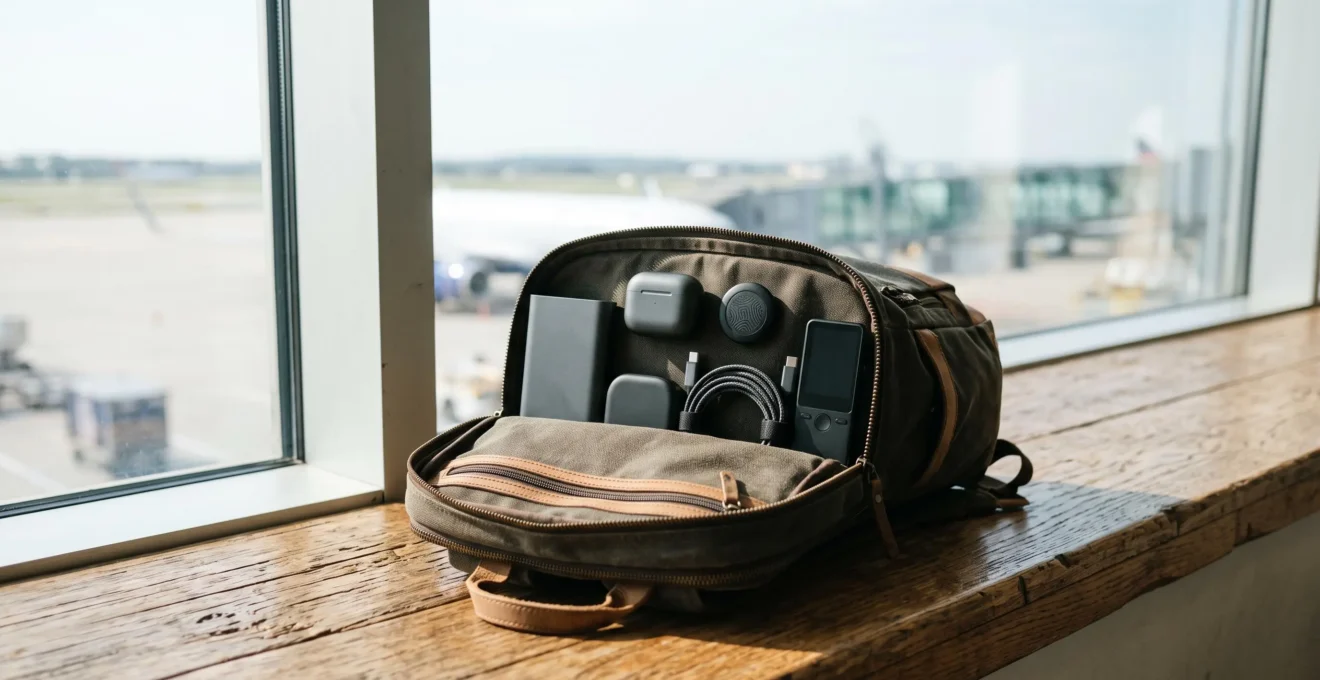 Sac de voyage minimaliste avec quelques outils connectes essentiels poses avec soin pres d'une fenetre