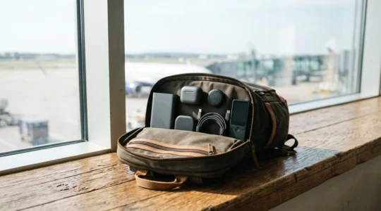 Sac de voyage minimaliste avec quelques outils connectes essentiels poses avec soin pres d'une fenetre
