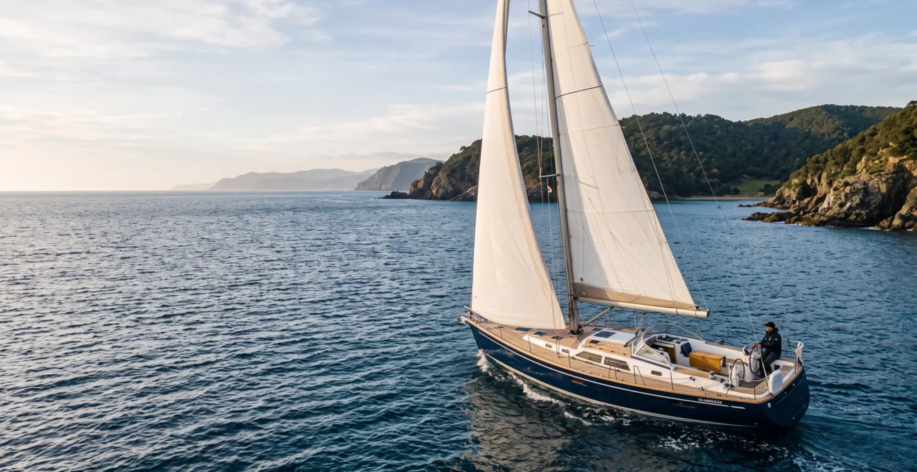 Voilier de 12 metres naviguant en solo le long d'une cote decoupee, sous un ciel changeant, symbolisant l'autonomie du premier equipage sans skipper