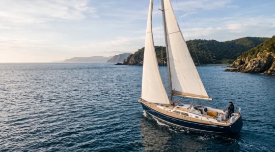 Voilier de 12 metres naviguant en solo le long d'une cote decoupee, sous un ciel changeant, symbolisant l'autonomie du premier equipage sans skipper