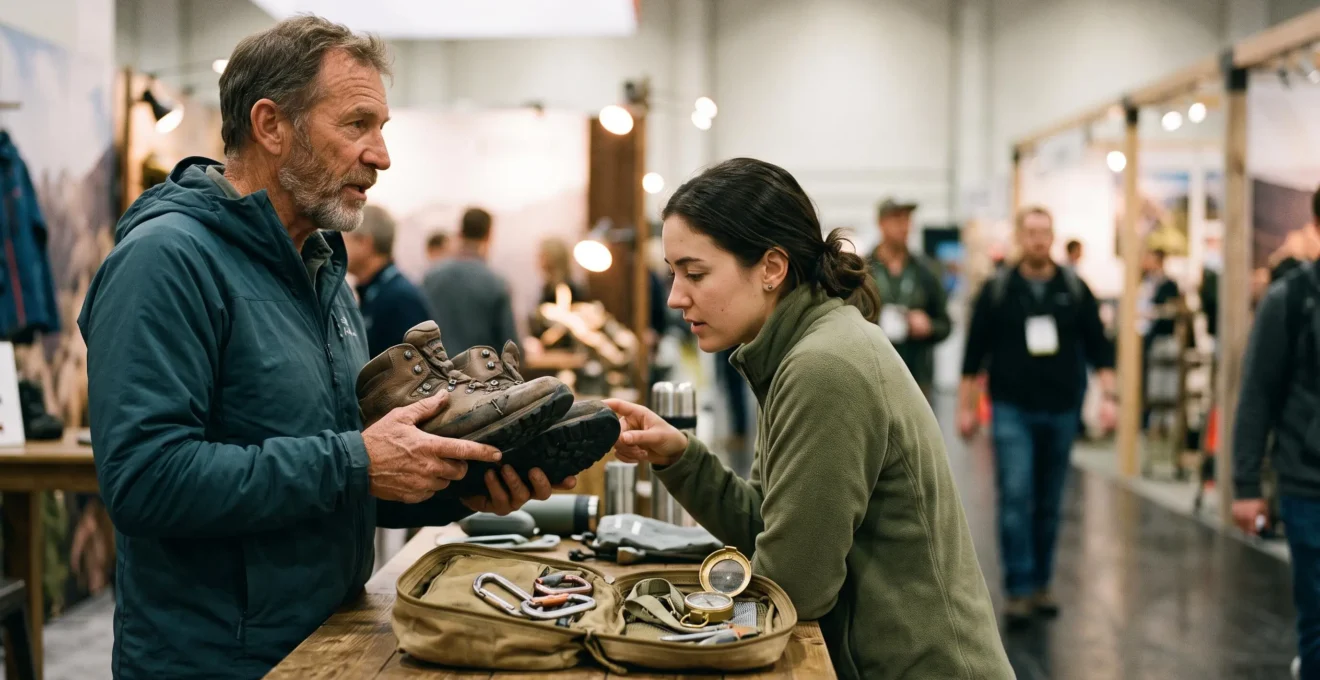 Un visiteur examine attentivement une paire de chaussures de randonnee usees tenues par un veritable expert lors d'un salon