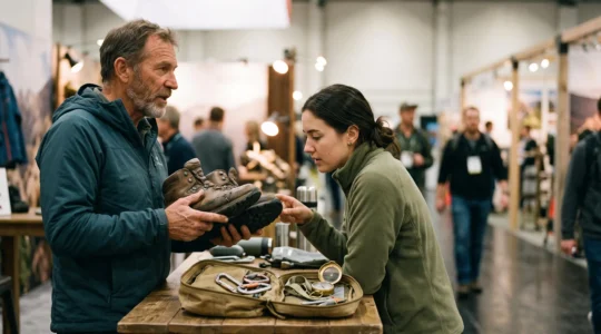 Un visiteur examine attentivement une paire de chaussures de randonnee usees tenues par un veritable expert lors d'un salon