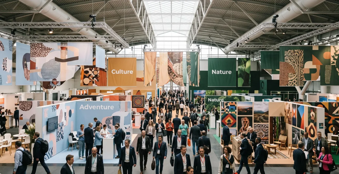 Vue large d'un salon du voyage avec des zones thématiques colorées et des visiteurs circulant entre les allées