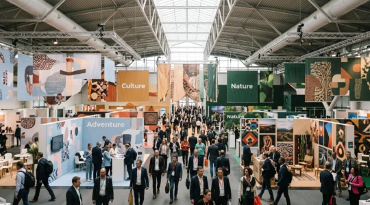 Vue large d'un salon du voyage avec des zones thématiques colorées et des visiteurs circulant entre les allées