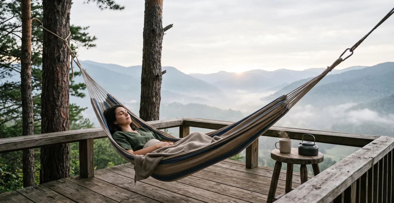 Une personne allongée dans un hamac face à un paysage naturel apaisant, symbolisant une semaine de détente totale sans stimulation