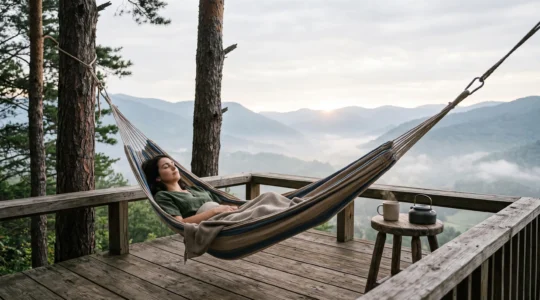 Une personne allongée dans un hamac face à un paysage naturel apaisant, symbolisant une semaine de détente totale sans stimulation