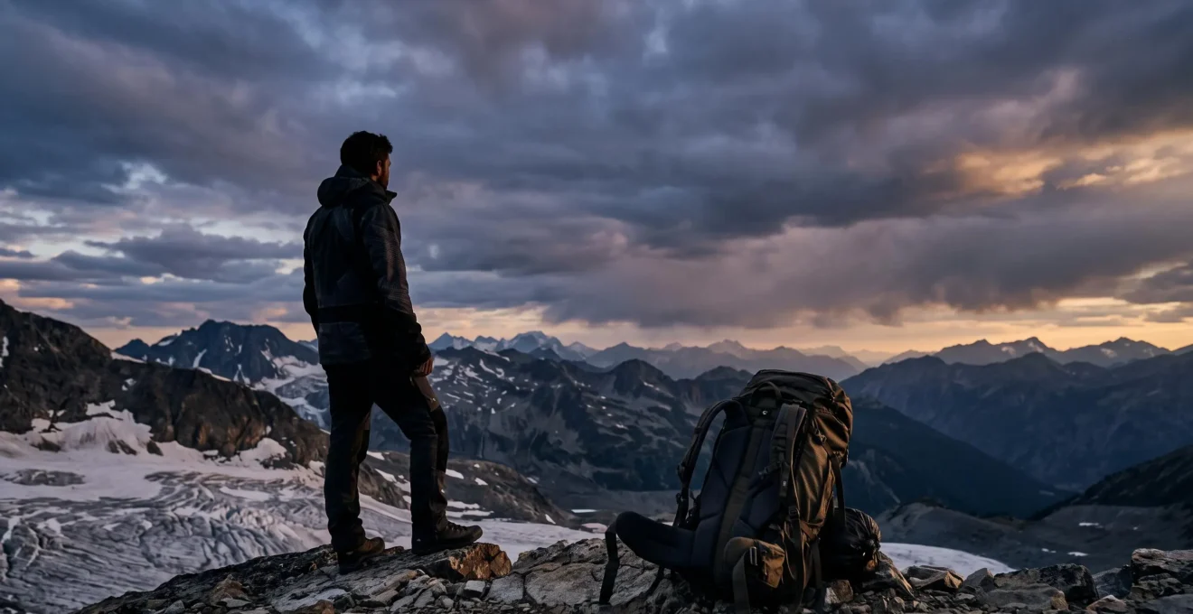 Aventurier solitaire face à un vaste paysage sauvage, symbolisant le moment de vérité avant une expédition en zone hostile