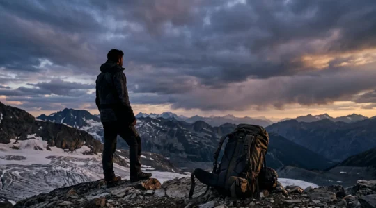Aventurier solitaire face à un vaste paysage sauvage, symbolisant le moment de vérité avant une expédition en zone hostile